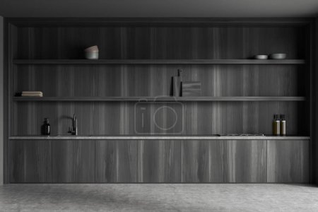 Photo for Dark kitchen interior with deck and kitchenware on grey concrete floor. Black wooden shelf rack with different appliances. 3D rendering - Royalty Free Image