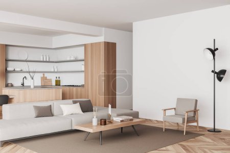 Photo for White studio interior with lounge zone and cooking area, sofa and coffee table on carpet. Bar island and shelves with kitchenware. Mockup empty wall, 3D rendering - Royalty Free Image