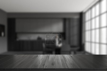 Photo for Front view on dark kitchen room interior with good display for advertisement, panoramic window, cupboard, grey wall, concrete floor, dining table, shelves. Concept of minimalist design. 3d rendering - Royalty Free Image