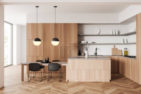 Photo for Front view on bright kitchen room interior with island, cupboard, barstools, white wall, oak wooden hardwood floor, dining table, panoramic window, shelves. Concept of minimalist design. 3d rendering - Royalty Free Image