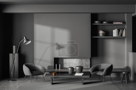 Téléchargez les photos : Salon sombre intérieur avec deux fauteuils et étagère avec décoration, table basse et tabouret sur tapis, sol en béton gris. Mockup mur gris vide, rendu 3D - en image libre de droit
