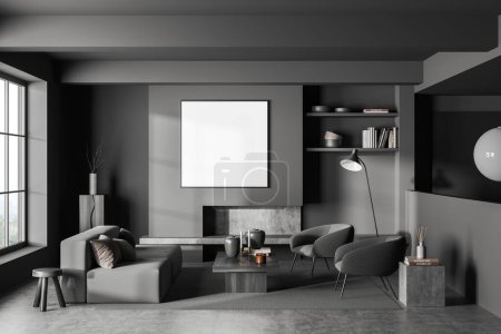 Photo for Dark living room interior sofa, two armchairs and fireplace. Shelf with art decoration and panoramic window on countryside. Mock up blank square poster. 3D rendering - Royalty Free Image