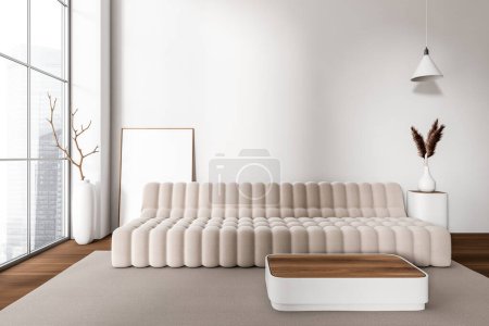 Photo for White living room interior with sofa and coffee table on carpet. Vase with dried flower, carpet on hardwood floor. Panoramic window on city view. Mock up canvas poster. 3D rendering - Royalty Free Image