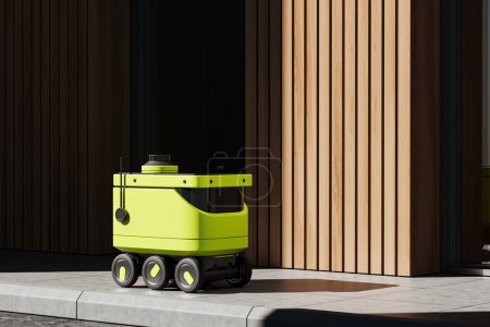 Téléchargez les photos : Robot drone intelligent vert sur un trottoir, vue latérale. bot autonome moderne pour la logistique et la livraison de travail. Mur en bois vide. rendu 3D - en image libre de droit