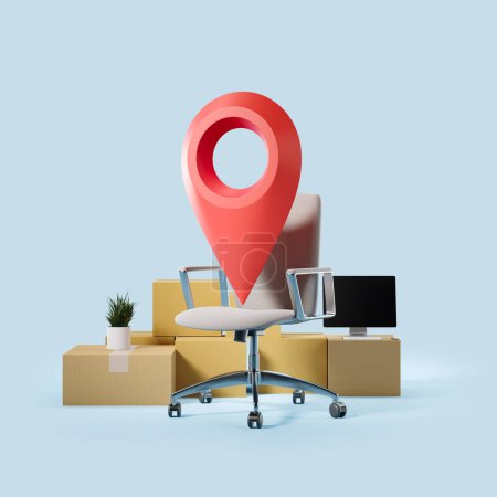 Photo for Office armchair with red location pin, cardboard boxes with pc computer on blue background. Concept of relocation and delivery. 3D rendering - Royalty Free Image