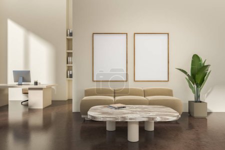 Photo for Beige business room interior with chill zone with sofa and coffee table, work desk with pc computer on dark concrete floor. Two mockup posters. 3D rendering - Royalty Free Image