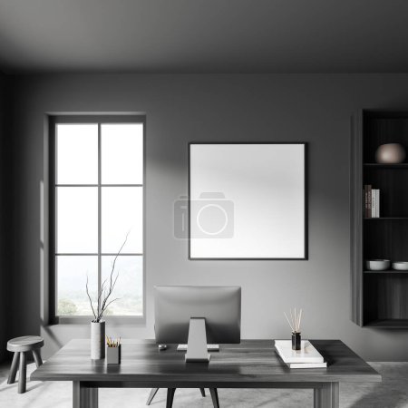 Photo for Dark ceo room interior with work desk and pc computer, panoramic window on countryside. Shelf with art decoration. Mock up canvas poster. 3D rendering - Royalty Free Image