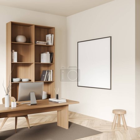 Photo for Beige business room interior with work desk and pc computer, side view, shelf with art decoration. Carpet on hardwood floor. Mock up canvas poster. 3D rendering - Royalty Free Image