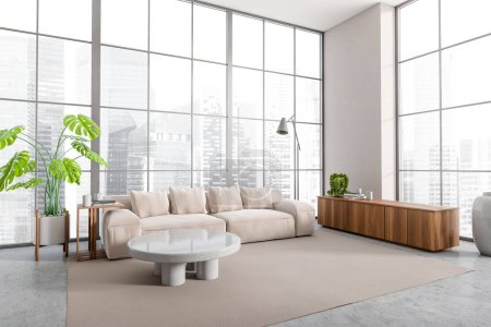 Photo for White living room interior with sofa, side view, coffee table and dresser with plant, carpet on grey concrete floor. Modern chill area with panoramic window on city view. 3D rendering - Royalty Free Image