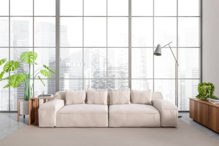 Foto de Vista frontal sobre luminoso salón interior con sofá y ventana panorámica, planta de interior, pared gris, suelo de hormigón, alfombra, aparador. Concepto de diseño minimalista. renderizado 3d - Imagen libre de derechos