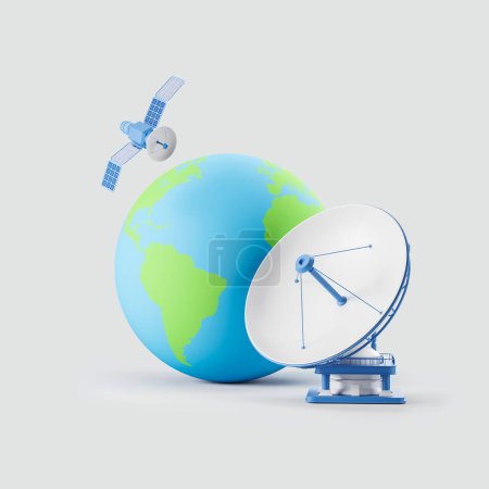 Photo for Flying satellite and antenna with earth globe on light background. Concept of technology and internet connection. 3D rendering - Royalty Free Image