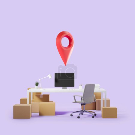 Photo for Office armchair with work desk and red location pin, cardboard boxes with pc computer on purple background. Concept of workplace and relocation. 3D rendering - Royalty Free Image