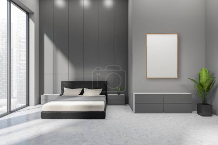 Photo for Grey bedroom interior with bed and nightstand, commode with plant on grey concrete floor. Panoramic window on Singapore city view. Mockup copy space poster, 3D rendering - Royalty Free Image