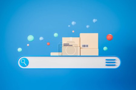 Foto de Cajas de cartón y barra de búsqueda, burbuja flotante sobre fondo azul. Concepto de alquiler y casa móvil. Renderizado 3D - Imagen libre de derechos