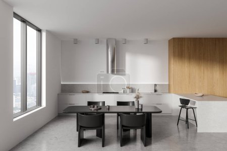 Photo for White home kitchen interior with cooking and dining area, bar island with chair. Modern eating zone design, grey concrete floor. Panoramic window on skyscrapers. 3D rendering - Royalty Free Image