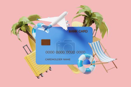 Photo for Blue bank credit card and different travel icons on pink background. Suitcase, palms and sun lounger with rubber ring. Concept of tour and ticket online purchase. 3D rendering illustration - Royalty Free Image