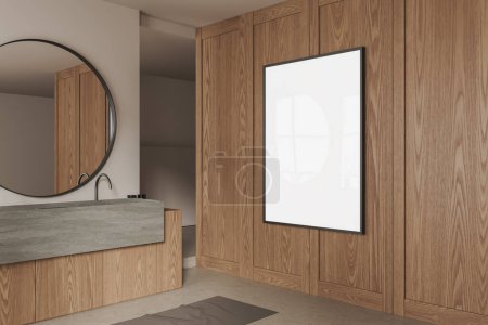 Téléchargez les photos : Confortable intérieur de la maison salle de bain avec lavabo et armoire, tapis vue latérale sur le sol en béton. Coin bain dans un appartement élégant. Affiche en toile maquillée. rendu 3D - en image libre de droit