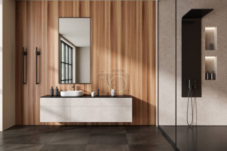 Cozy wooden bathroom interior with sink and shower with accessories, vertical heated towel rail, brown tile concrete floor. Stylish bathing room design in apartment. 3D rendering