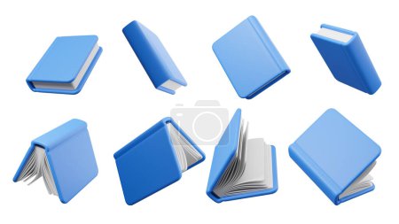 Téléchargez les photos : Livres à couverture rigide bleu sous différents angles sur fond blanc. Concept d'éducation, d'apprentissage, de bibliothèque et de littérature. Illustration de rendu 3D - en image libre de droit