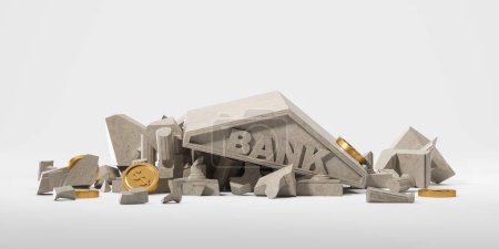 Zerstörte Bank mit Goldmünzen, Kopierraum Hintergrund. Wirtschaftskollaps, Versagen und Dollarkrise. Konzept von Konkurs und Zahlungsunfähigkeit. 3D-Darstellung