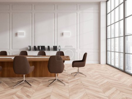 Photo for Cozy conference interior with armchairs and wooden board, hardwood floor. Office meeting space with shelf and panoramic window on skyscrapers. 3D rendering - Royalty Free Image