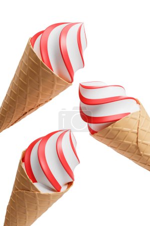Photo for Cartoon ice cream cones decorated with red syrup, three set on white background. Concept of ice, gelato and summer cafe. 3D rendering illustration - Royalty Free Image