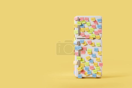 Photo for Cartoon refrigerator with colorful sticker notes on empty yellow background, don't eat after 6 pm. Concept of diet, weight loss and addiction illustration - Royalty Free Image