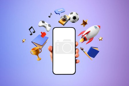 Téléchargez les photos : Homme main tenant smartphone avec écran maquette sur fond violet avec des icônes colorées de divertissement en ligne - en image libre de droit