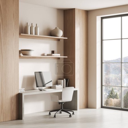 Photo for Corner of modern home office with white and wooden walls, concrete floor, comfortable computer table with white chair and window with mountain view. 3d rendering - Royalty Free Image