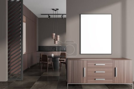 Photo for Interior of modern living room with gray walls, tiled floor, wooden dresser with vertical mock up poster above it and kitchen with round dining table in background. 3d rendering - Royalty Free Image