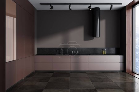 Foto de Interior de la cocina moderna con paredes grises y marrones, suelo de baldosas oscuras y armarios marrones con fregadero y cocina empotrados. renderizado 3d - Imagen libre de derechos