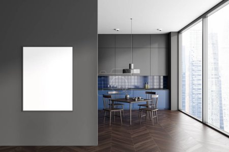 Téléchargez les photos : Intérieur de cuisine maison gris et bleu avec table à manger, chaises et étagères avec ustensiles de cuisine, fenêtre panoramique sur les gratte-ciel. Affiche sur toile maquillée sur cloison. rendu 3D - en image libre de droit