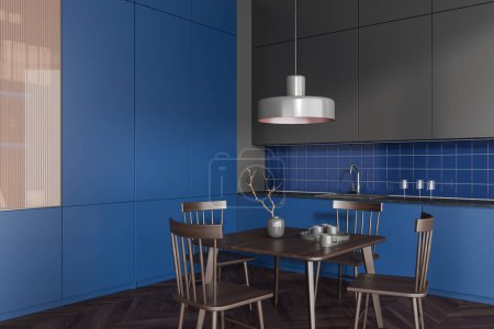 Foto de Interior de la cocina azul y gris con mesa de madera y asientos, vista lateral suelo de madera. Elegante cocina y comedor esquina en el apartamento en casa. Renderizado 3D - Imagen libre de derechos
