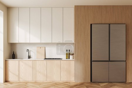 Foto de Interior de la cocina moderna con paredes blancas, suelo de madera, armarios de madera con cocina empotrada y fregadero y nevera grande. renderizado 3d - Imagen libre de derechos
