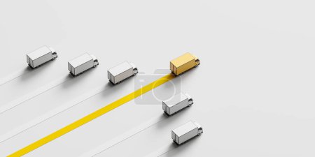 Photo for Row of trucks moving, top view yellow and white delivery vans moving at different speeds. Concept of successful delivery, logistics and best service. 3D rendering illustration - Royalty Free Image