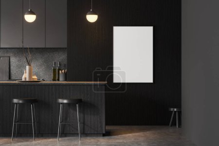 Photo for Dark home kitchen interior with bar island and stool on grey concrete floor. Cooking space with kitchenware and shelves. Mock up canvas poster. 3D rendering - Royalty Free Image