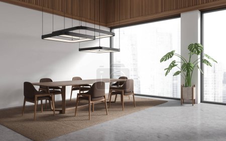 Photo for Corner of modern dining room with white and wooden walls, concrete floor, long table with brown chairs and panoramic window with blurry cityscape. 3d rendering - Royalty Free Image