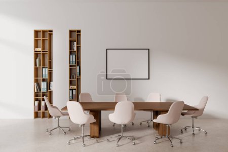 Photo for Interior of modern meeting room with white walls, concrete floor, long conference table with white chairs and bookcases with folders. Horizontal mock up poster. 3d rendering - Royalty Free Image
