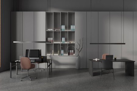 Foto de Interior de la moderna oficina CEO con paredes grises, piso de hormigón, mesas de ordenador con sillas marrones y librería con carpetas. renderizado 3d - Imagen libre de derechos