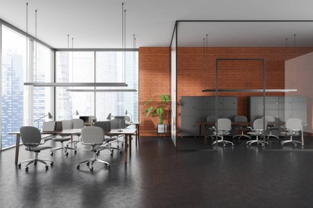 Photo for Brick office interior with coworking and conference room behind glass doors. Row of desk with armchairs, pc compute and shelves. Panoramic window on skyscrapers. 3D rendering - Royalty Free Image