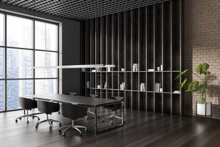 Photo for Corner of modern meeting room with gray and beige brick walls, dark wooden floor, long conference table with black chairs and window with cityscape. 3d rendering - Royalty Free Image