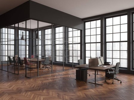 Photo for Dark business room interior with coworking and conference room behind glass doors, side view. Work corner with desk and pc computer, panoramic window. 3D rendering - Royalty Free Image