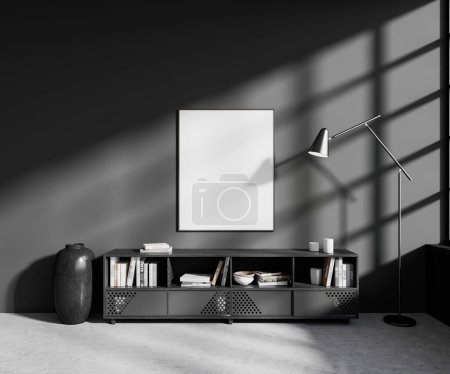 Photo for Interior of stylish living room with gray walls, concrete floor, comfortable gray dresser and vertical mock up poster hanging above it. 3d rendering - Royalty Free Image