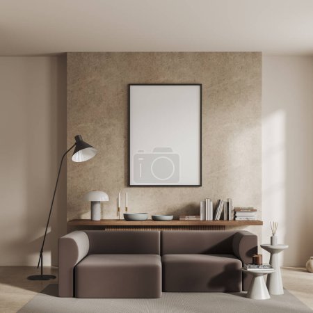 Photo for Interior of modern living room with white and stone walls, concrete floor, comfortable brown sofa and vertical mock up poster hanging above it. 3d rendering - Royalty Free Image