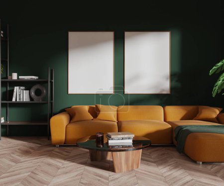 Photo for Interior of modern living room with dark green walls, wooden floor, comfortable yellow sofa and two vertical mock up posters above it. 3d rendering - Royalty Free Image