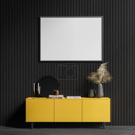 Photo for Dark living room interior with yellow sideboard and decoration with books, stylish scandinavian design and striped black wooden wall. Mock up canvas poster. 3D rendering - Royalty Free Image