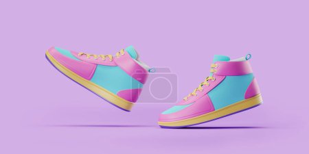 Foto de Par de zapatillas altas brillantes que se mueven sobre fondo púrpura vacío. Concepto de running, actividad y calzado deportivo de moda. Ilustración de representación 3D - Imagen libre de derechos