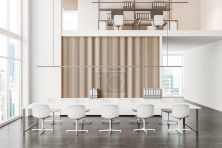 Téléchargez les photos : Bureau blanc intérieur de réunion avec chaises et table, sol en béton gris carrelage. Hall d'affaires de deux étages avec espace de coworking. Vitre panoramique sur Kuala Lumpur. rendu 3D - en image libre de droit