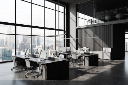 Photo for Dark coworking interior with armchairs and pc computer in row, two-storey company loft with glass conference space. Panoramic window on Kuala Lumpur. 3D rendering - Royalty Free Image