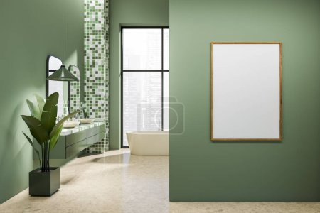 Foto de Interior del baño del hotel verde con bañera y lavabo doble, planta en piso de hormigón beige. Ventana panorámica de la ciudad de Singapur. Prepara un póster. Renderizado 3D - Imagen libre de derechos